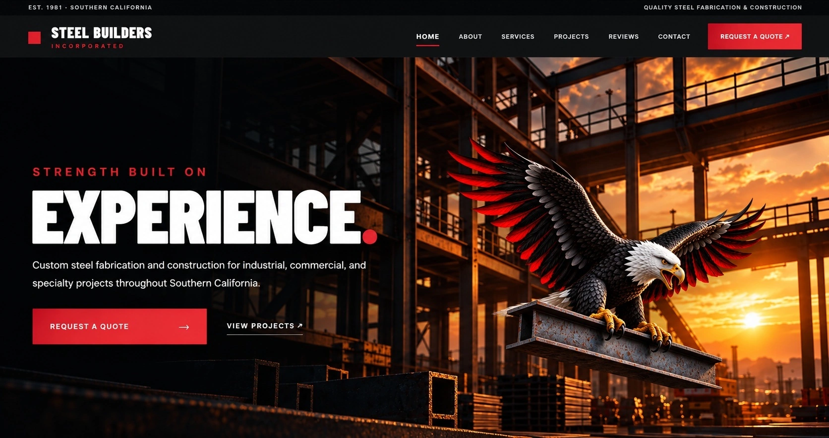 Steel Builders redesigned homepage with dramatic black-and-red eagle and industrial steel backdrop